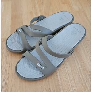 Crocs Patricia Strappy Wedge Sandals Khaki Tan Open Toe Slides Comfort Women’s 8